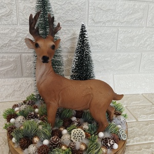 Fa tálcás téli asztaldísz, LED, hatalmas szarvassal - karácsony - adventi díszek - adventi asztaldísz - Meska.hu