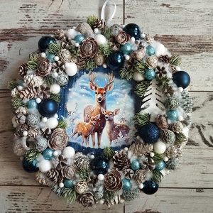 Szarvasos téli ajtódísz, kék, fehér, 29 cm - Meska.hu