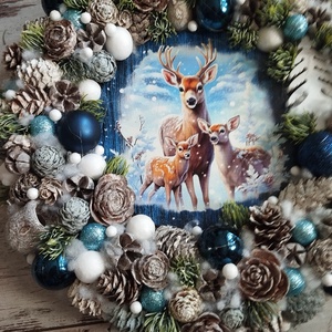 Szarvasos téli ajtódísz, kék, fehér, 29 cm - karácsony - adventi díszek - adventi ajtódísz - Meska.hu