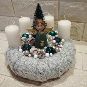 Angyalkás adventi koszorú, zöld, Karácsony, Adventi díszek, Adventi gyertyadíszek és koszorúdíszek, , MESKA