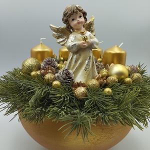 Nagy Vzs arany tálban, angyalos adventi asztaldísz - karácsony - adventi díszek - adventi asztaldísz - Meska.hu