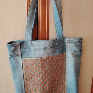 Sashiko mintás farmer táska , Táska & Tok, Kézitáska & válltáska, Kézitáska, Hímzés, Újrahasznosított alapanyagból készült termékek, MESKA