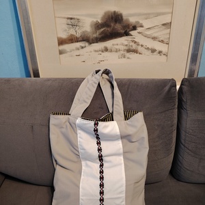 Bézs szatyor hímzett sávval, Táska & Tok, Bevásárlás & Shopper táska, Shopper, textiltáska, szatyor, Varrás, MESKA