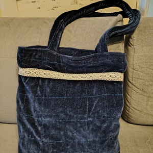 Kék táska fehér csipke sávval, Táska & Tok, Bevásárlás & Shopper táska, Shopper, textiltáska, szatyor, , MESKA