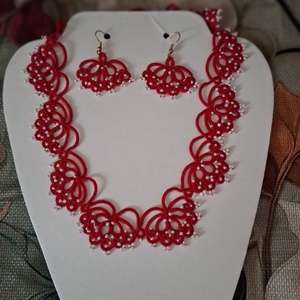 Piros színű fehér gyöngyökkel díszített ékszer , Ékszer, Ékszerszett, , MESKA