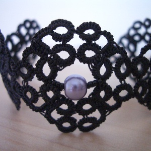 ORIGO fekete hajócsipke karkötő lila tekla gyönggyel, horgolt, , Csomózás, Horgolás, MESKA