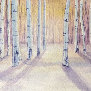 Nyírfák a naplementében, Művészet, Festmény, Akvarell, Festészet, MESKA