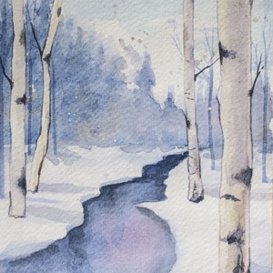 Nyírfák a téli erdőben, Művészet, Festmény, Akvarell, Festészet, MESKA