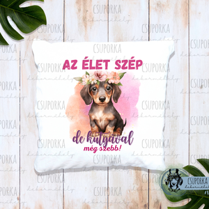 Párnahuzat kutyás - Tacsi virággal , Otthon & Életmód, Lakástextil, Párna & Párnahuzat, Fotó, grafika, rajz, illusztráció, Decoupage, transzfer és szalvétatechnika, MESKA