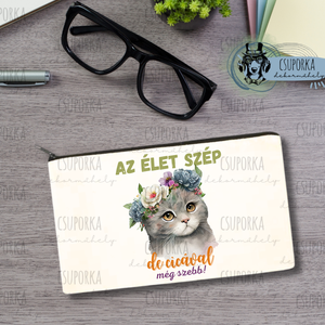 Zipzáras kozmetikai táska/tolltartó - Cica virággal - Meska.hu