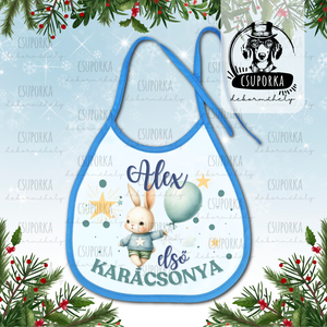 Névre szóló előke - Első karácsonyom felirattal, nyuszis grafikával, fiúknak, Ruha & Divat, Babaruha & Gyerekruha, Előke & Nyálkendő, , MESKA