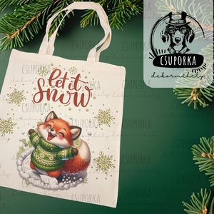 Téli rókás vászontáska � hópelyhekkel játszó rókával, rókakedvelőknek,  rókás ajandék róka kedvelőknek, Táska & Tok, Bevásárlás & Shopper táska, Shopper, textiltáska, szatyor, Fotó, grafika, rajz, illusztráció, Decoupage, transzfer és szalvétatechnika, MESKA