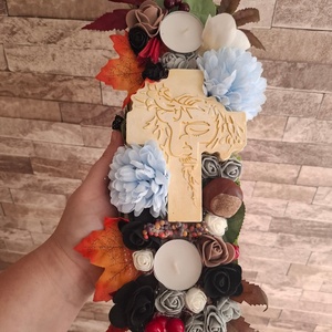 Sírdísz/kegyeleti dísz Keresztel és Jézus arcával, Otthon & Életmód, Vallás, Temetkezési tárgy, Sírdísz, kegyeleti dísz, Gipszöntés, MESKA