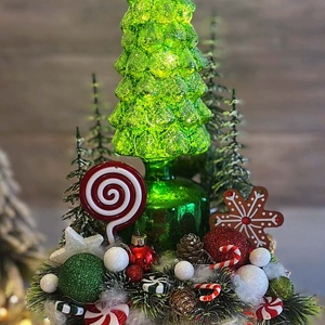 Zöld forgó üveg fenyőfás asztaldísz - karácsony - karácsonyi lakásdekoráció - ünnepi asztaldekoráció - Meska.hu