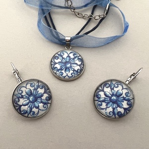 Azori azulejo No.6 üveglencsés ékszerszett - ékszer - ékszerszett - Meska.hu