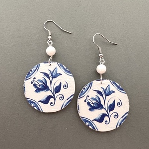 Azori azulejo No.4 fülbevaló, Ékszer, Fülbevaló, Lógós kerek fülbevaló, Decoupage, transzfer és szalvétatechnika, Festett tárgyak, MESKA