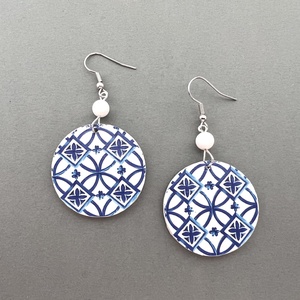 Azori azulejo No.5 fülbevaló, Ékszer, Fülbevaló, Lógós kerek fülbevaló, Decoupage, transzfer és szalvétatechnika, Festett tárgyak, MESKA