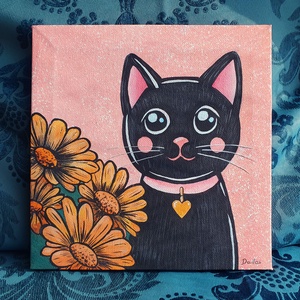 Kitty - fekete cicás aril festmény  20 x 20 cm  vászon, Művészet, Festmény, Akril, Festészet, MESKA