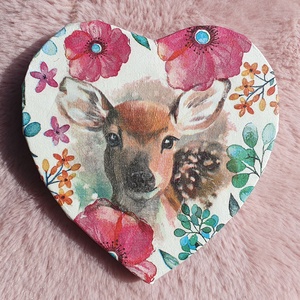 Szív alakú virágos, őzikés kép -  decoupage technikával, Művészet, Festmény, Akril, Festészet, MESKA