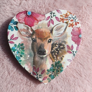Szív alakú virágos, őzikés kép -  decoupage technikával, Művészet, Festmény, Akril, Decoupage, transzfer és szalvétatechnika, MESKA