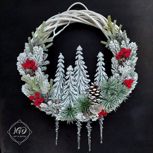 Havas téli erdő, Karácsony, Karácsonyi lakásdekoráció, Karácsonyi ajtódíszek, Virágkötés, MESKA