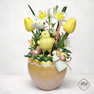 Csibe nárciszokkal, Otthon & Életmód, Dekoráció, Asztal és polc dekoráció, Asztaldísz, Festett tárgyak, Virágkötés, MESKA