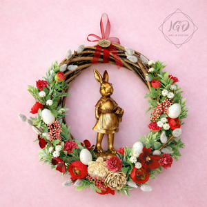 Bronz nyuszis húsvéti ajtódísz, Ünnepi díszek, dekorációk, Húsvéti díszek és dekorációk, Húsvéti ajtódísz, kopogtató, Festett tárgyak, Virágkötés, MESKA