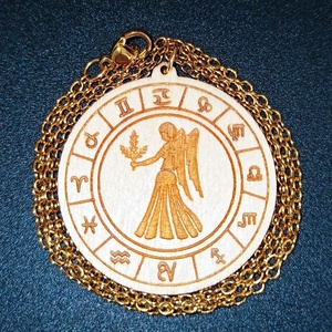 Szűz horoszkópos nyaklánc � natúr fa medál, 18K aranyozott nemesacél lánccal, Ékszer, Nyaklánc, Medálos nyaklánc, Gravírozás, pirográfia, Ékszerkészítés, MESKA