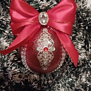 Piros-arany,diszitett gömb - Meska.hu