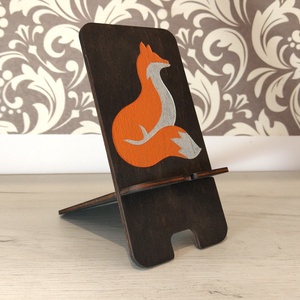 Asztali telefontartó róka mintával ébenfekete színben, Otthon & Életmód, Tárolás & Rendszerezés, Íróasztali tároló, Gravírozás, pirográfia, MESKA