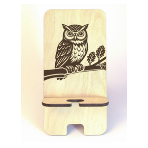 Asztali telefontartó bagoly mintával, natúr nyírfa színben, Otthon & Életmód, Tárolás & Rendszerezés, Íróasztali tároló, Gravírozás, pirográfia, MESKA