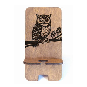 Asztali telefontartó bagoly mintával, rusztikus diószínben, Otthon & Életmód, Tárolás & Rendszerezés, Íróasztali tároló, Gravírozás, pirográfia, MESKA