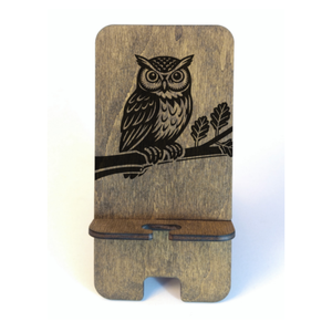 Asztali telefontartó bagoly mintával, paliszander színben, Otthon & Életmód, Tárolás & Rendszerezés, Íróasztali tároló, Gravírozás, pirográfia, MESKA