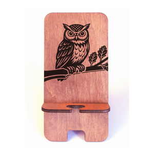 Asztali telefontartó bagoly mintával, vöröses mahagóni színben, Otthon & Életmód, Tárolás & Rendszerezés, Íróasztali tároló, Gravírozás, pirográfia, MESKA