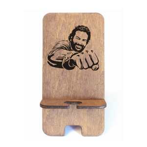 Asztali telefontartó Bud Spencer mintával, rusztikus dió színben, Otthon & Életmód, Tárolás & Rendszerezés, Íróasztali tároló, Gravírozás, pirográfia, MESKA