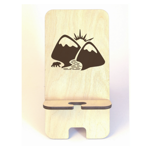 Asztali telefontartó Hegyek, natúr nyírfa színben, Otthon & Életmód, Tárolás & Rendszerezés, Íróasztali tároló, Gravírozás, pirográfia, MESKA