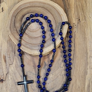 Lapis Lazuli- hematit kereszt rózsafüzér , nyaklánc - ékszer - nyaklánc - hosszú nyaklánc - Meska.hu