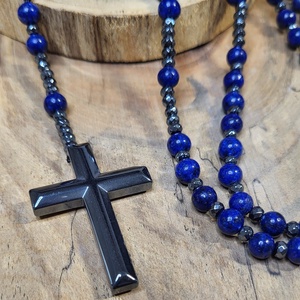 Lapis Lazuli- hematit kereszt rózsafüzér , nyaklánc - ékszer - nyaklánc - hosszú nyaklánc - Meska.hu