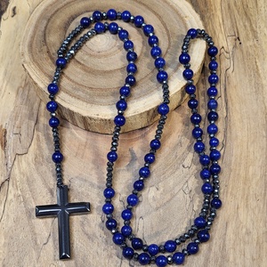Lapis Lazuli- hematit kereszt rózsafüzér , nyaklánc - ékszer - nyaklánc - hosszú nyaklánc - Meska.hu