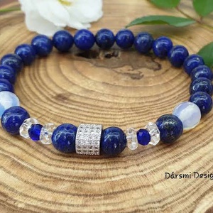 Női lapis lazuli , hegyikristály, opalit  cirkonköves henger, Ékszer, Karkötő, Gyöngyös karkötő, Ékszerkészítés, MESKA