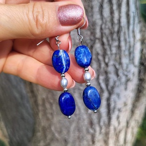 Deep Blue Lapis Lazuli - tenyésztett igazgyöngy fülbevaló - ékszer - fülbevaló - lógó fülbevaló - Meska.hu