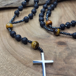 Lávakő-Tigrisszem  nemesacél kereszt -nyaklánc, rózsafüzér - ékszer - nyaklánc - hosszú nyaklánc - Meska.hu