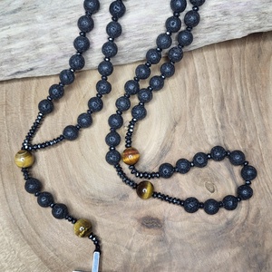 Lávakő-Tigrisszem  nemesacél kereszt -nyaklánc, rózsafüzér - ékszer - nyaklánc - hosszú nyaklánc - Meska.hu