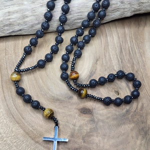 Lávakő-Tigrisszem  nemesacél kereszt -nyaklánc, rózsafüzér - ékszer - nyaklánc - hosszú nyaklánc - Meska.hu