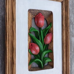 tulipánoskép festettkép faragott tulipánkép  fatulipán tulipán virágkép virágcsokor egyedikép növénykép falikép kép - otthon & életmód - dekoráció - dísztárgy - Meska.hu