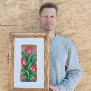 tulipánoskép festettkép faragott tulipánkép  fatulipán tulipán virágkép virágcsokor egyedikép növénykép falikép kép - otthon & életmód - dekoráció - dísztárgy - Meska.hu