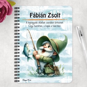 Személyre szabható - Horgász manó és a nagy fogás mintás A6-os füzet - otthon & életmód - papír, írószer - jegyzetfüzet & napló - Meska.hu