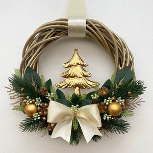 Karácsonyi ajtódísz arany karácsonyfás, Karácsony, Adventi díszek, Adventi ajtódísz, Virágkötés, MESKA