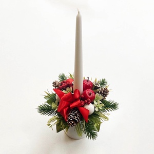 Gyertyás karácsonyi asztaldísz piros masnival, Karácsony, Karácsonyi lakásdekoráció, Karácsonyi lakásdíszek, Virágkötés, MESKA