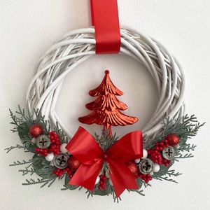 Karácsonyi ajtódísz piros masnival, Karácsony, Adventi díszek, Adventi ajtódísz, Virágkötés, MESKA